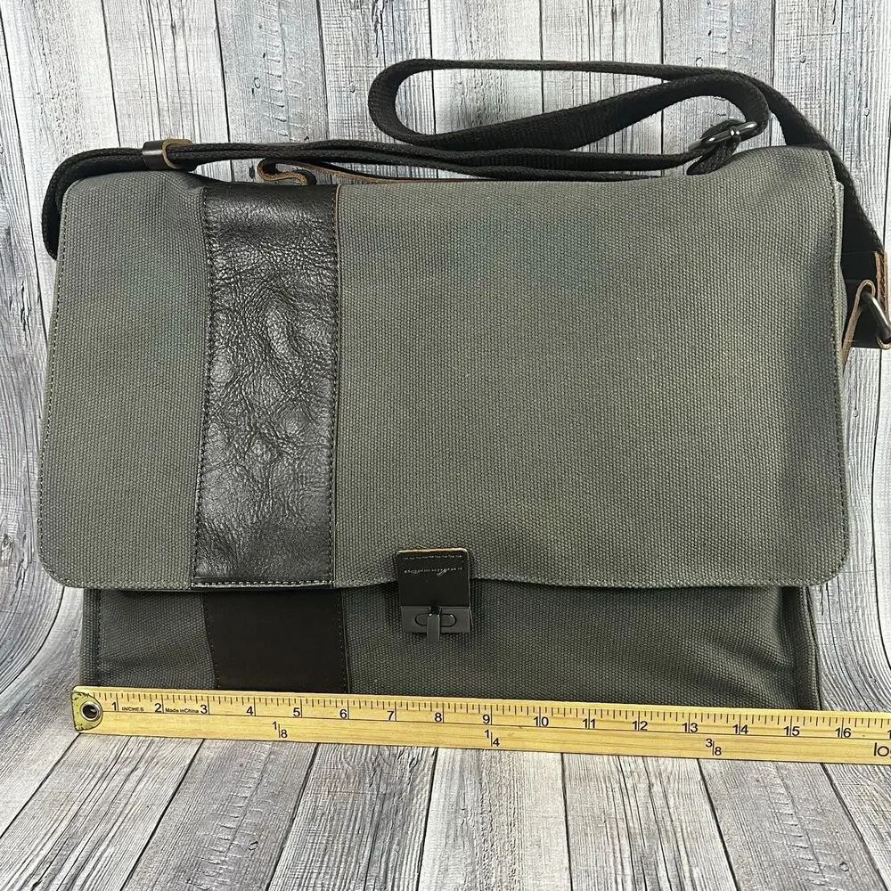 Pottery Barn Messenger Laptop Bag Bradley Leather & Canvas Taupe & Olive Bag